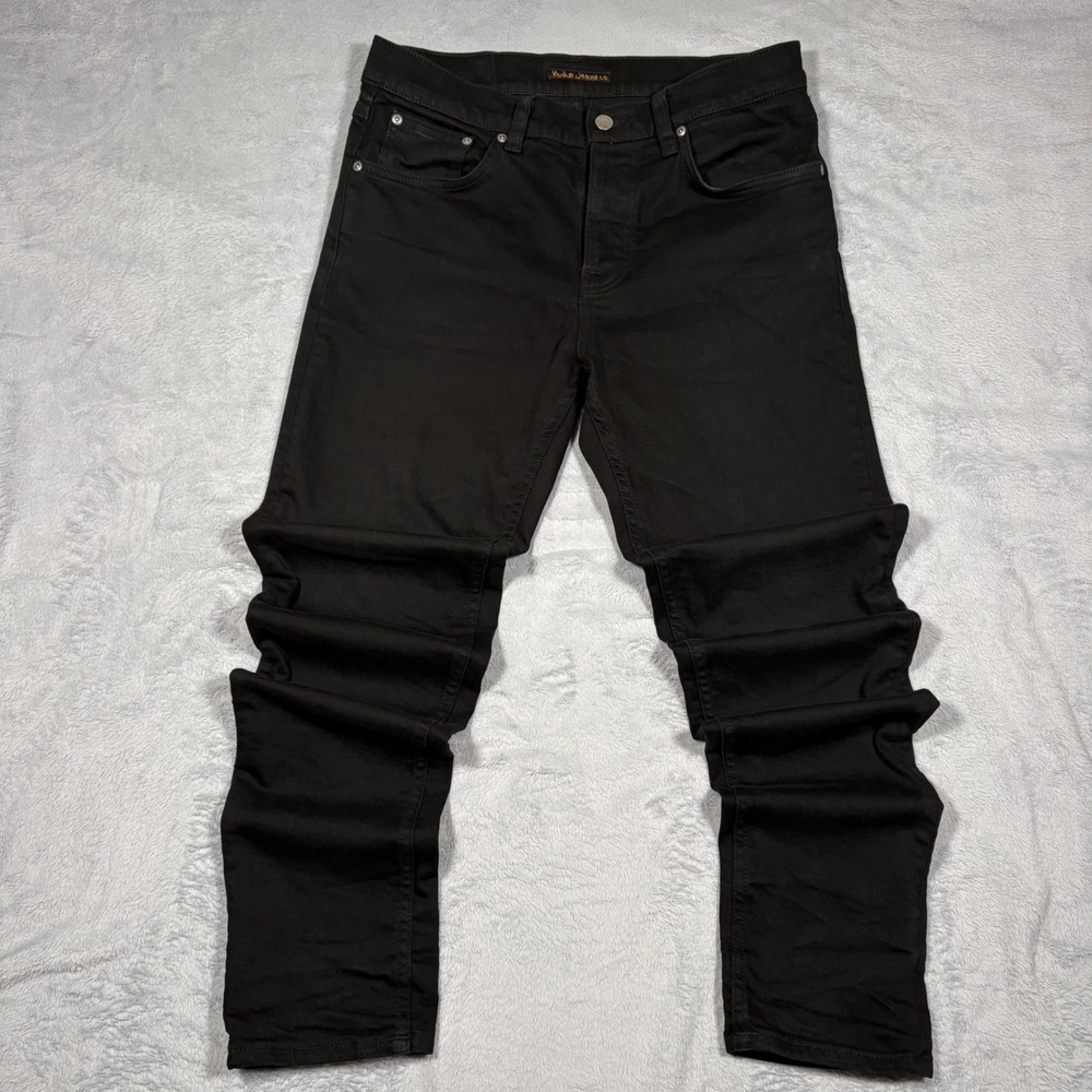 Nudie Jeans Mens 33x34 Steady Eddie II Dry Ever Black Tapered Fit Stretch Denim